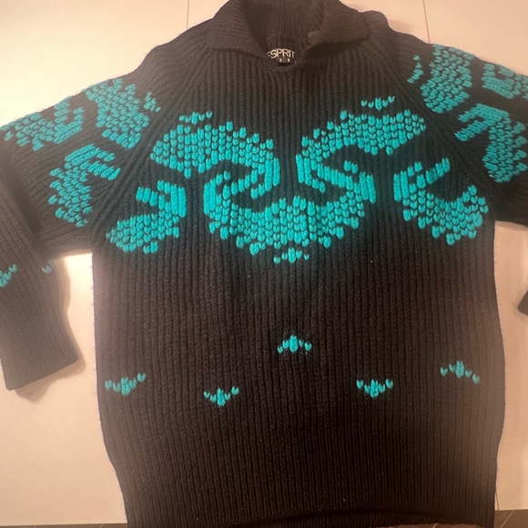 ESPRIT 80 Vintage 100% Wool knit Oversized Sweater Collared Black &Teal collar - Picture 4 of 11